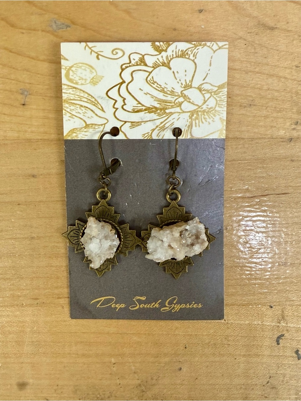 White Druzy Drop Earrings in Antiqued Gold
